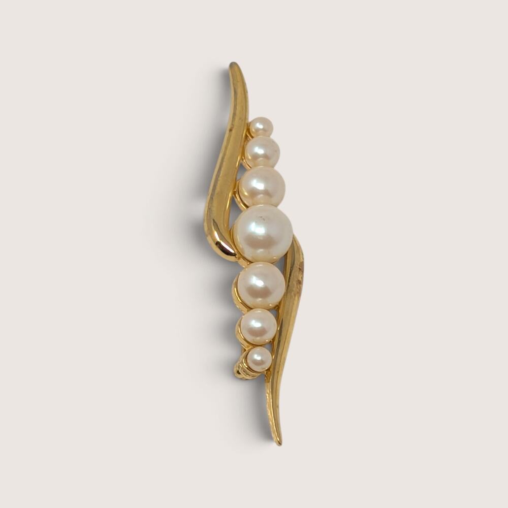 Vintage Monet Gold Tone Faux Pearl Swirl Brooch Designer Pin Signed